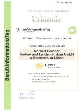Urkunde: 1. Platz beim BIT-Preis, Wettbewerb der Aussteller