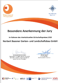 Urkunde: Besondere Anerkennung der Jury beim Interkulturellen Wirtschaftspreis 2018