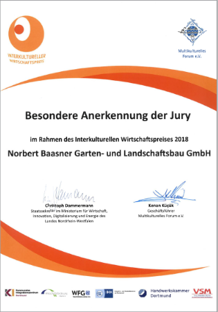 Urkunde: Besondere Anerkennung der Jury beim Interkulturellen Wirtschaftspreis 2018