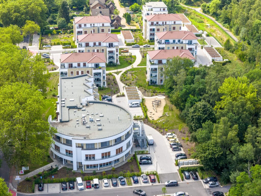 Luftaufnahme der fertiggestellten Außenanlagen Preußenstraße Lünen